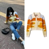 Blackpink Lisa Hàn Quốc Retro Cổ Áo Polo Màu Đơn Ngực Dài Tay Ngắn Dệt Kim Cardigan