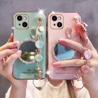 Bling Đá Quý Đá Cẩm Thạch Vòng Tay Dây Xích Ốp Lưng Điện Thoại iPhone 14 13 12 11 Pro Max X XR XS Max 7 8 14 Plus Lấp Lánh Kim Cương Thỏ Tai Gương Trang Điểm Mạ Vàng Chống Sốc Vỏ TPU Mềm