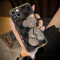 Bling glitter diamond bear case cho iphone 14 13 12 11 pro max x xr xs 7 8 plus thương hiệu sang trọng mạ da bảo vệ máy ảnh Ốp điện thoại
