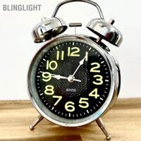 Blinglight Đồng hồ báo thức chuông đôi 4 inch có đèn nền Mặt số phát sáng Im lặng chạy bằng pin cho phòng ngủ Đầu giường kim loại Bạc