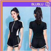 [BLUBLU]Thời Trang Đồ Bơi Thể Thao Dưới Áo sơ mi ngắn tay Một Mảnh Đi Biển Hàng Mới Về Nữ Chuyên Nghiệp Một Mảnh Đồ Bơi Cho Đi Biển Hàng Ngày Bikini đồ bơi đi biển một mảnh dây kéo đen phối trắng form có quần bảo hộ BIKINI