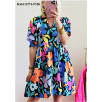 Blue Collared Split Neck Floral Flared Dress (KS6119274-P520)- BIG SIZE (50-90KG)