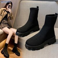 Bluelover Nữ Co Giãn Đan Giày Tròn Ngón Chân Khối Giày Cao Gót Tất Giày Nền Tảng Giữa Gót Đan Giày Lug Đế Chống Trơn Trượt Tất Booties Mới