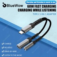 Bluewow Bộ chuyển đổi tai nghe có dây loại C 2 trong 1 USB C sang loại 3.5mm/C Âm thanh tai nghe