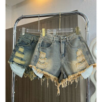 BM15 Quần đùi Short Jean Nữ 28cm , Ống rộng Cạp Cao , Rách Xước Tua Rua , Wash Màu