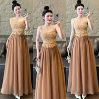 BM69- Đầm tiểu thư, áo dây ren hoa có mút ngực phố váy voan tơ dáng dài 2 lớp