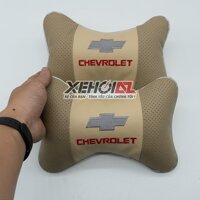 Bộ 02 Gối tựa đầu ô tô loại cao cấp thêu logo hãng xe Chervolet - màu kem, ảnh thật