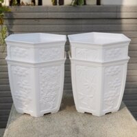 Bộ 04 chậu nhựa trồng hoa lục giác bầu 26x23cm màu trắng khắc hoa sang trọng và tinh tế-Đồ Gia Dụng Tại HCM