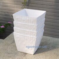 Bộ 04 chậu trồng hoa vuông lá tre màu trắng nhựa dày đẹp 17x14cm-Đồ Gia Dụng Tại HCM