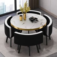 Bộ 1 bàn 4 ghế ngồi ăn cơm, BỘ BÀN GHẾ ĂN CƠM TRÒN MẶT VÂN ĐÁ VÀ 4 GHẾ DA cao cấp