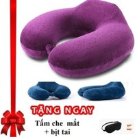 Bộ 1 gối đầu chữ U nhô gáy cao su non cao cấp tặng tấm che mất và nút bịt tai màu tím