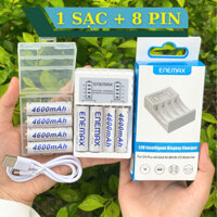 Bộ 1 SẠC + 8 PIN AA 4600mAh, bộ sạc pin tái sử dụng Enemax, 1 doc sạc kèm 8 mic hát karaoke, đồ chơi, máy cạo râu.
