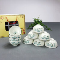 Bộ 10 bát ăn cơm men kem hoa sen xanh gốm sứ Bát Tràng chén ăn cơm, bát cơm, chén cơm