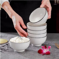 Bộ 10 bát ăn cơm sứ trắng họa tiết viền đen, set 10 bát ăn cơm cơ bản giá rẻ