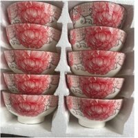 BỘ 10 CÁI CHÉN SỨ HOA ĐỎ - CHÉN GỐM SỨ BÁT NGỌC CAO CẤP - HOA VĂN NGUYÊN HỘP LÀM QUÀ TẶNG CŨNG TUYỆT VỜI