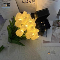 Bó 10 cành hoa tulip đèn led phát sáng hoa lụa giả kèm nơ xinh Decor trang trí nhà cửa