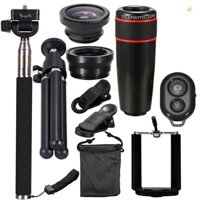 Bộ 10 lens 8x telephoto Kẹp Điện Thoại Ống Kính Góc Rộng + Mắt Cá + Ống Kính macro + Gậy selfie + tripod