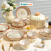 Bộ 10 Món Bát Đĩa Sứ Cao Cấp họa Tiết Hoa Cấp Viền Đỏ Làm Quà Tặng Sang Trọng SET004