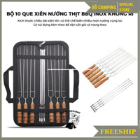 Bộ 10 Xiên Nướng Thịt BBQ Inox Không Rỉ Cán Gỗ Cao Cấp Kèm Túi Đựng Dùng Cho Gia Đình Cắm Trại, Du Lịch, Camping--DCP34