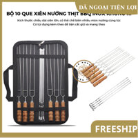 Bộ 10 Xiên Nướng Thịt BBQ Inox Không Rỉ Cán Gỗ Cao Cấp Kèm Túi Đựng Dùng Cho Gia Đình Cắm Trại, Du Lịch, Camping (DCP34)