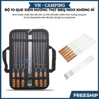 Bộ 10 Xiên Nướng Thịt BBQ Inox Không Rỉ Cán Gỗ Cao Cấp Kèm Túi Đựng Dùng Cho Gia Đình Cắm Trại,Du Lịch và Camping -DCP34