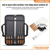 Bộ 10 Xiên Nướng Thịt BBQ Inox Không Rỉ Cán Gỗ Cao Cấp Kèm Túi Đựng Dùng Cho Gia Đình Cắm Trại, Du Lịch, Camping [DCP34]