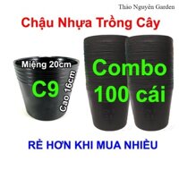 Bộ 100 Chậu nhựa đen C9 (20x16cm) Liên An trồng hoa vạn thọ, trồng rau, cây cảnh | Thảo Nguyên Garden