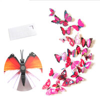 Bộ 12 con bướm cánh đơn 3D trang trí dán tường và tủ lạnh đế nam châm và băng dính cao cấp M1 - Hồng đậm