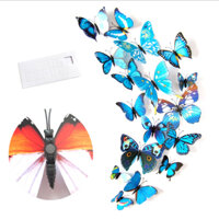 Bộ 12 con bướm cánh đơn 3D trang trí dán tường và tủ lạnh đế nam châm và băng dính cao cấp M1 - Xanh lam