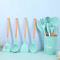 Bộ 12 Dụng Cụ Nhà Bếp Silicon Bộ Dụng Cụ Nấu Ăn Bộ Tay Cầm Bằng Gỗ Chống Dính Bộ Dụng Cụ Nhà Bếp Nhỏ