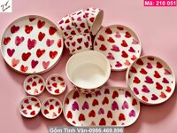 Bộ 13 món dinner set, tô chén đĩa trái tim, mã 210051, 2 tô, 4 đĩa, 4 chén cơm, 4 chén chấm, gốm sứ bát tràng tinh vân