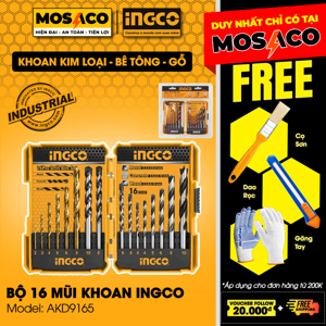 Bộ 16 mũi khoan kim loại, bê tông và gỗ Ingco AKD9165