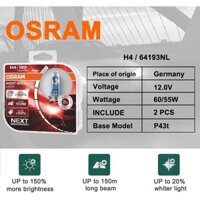 Bộ 2 bóng đèn halogen tăng sáng 150% Osram Night Breaker Laser H4 12v bảo hành 12 tháng