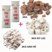Bộ 2 bông lọc bể cá +2kg San hô+2kg đá nham thạch + 3kg sứ lọc bể cá
