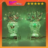 Bộ 2 đèn thờ hoa sen đá pha lê, Đèn thờ led pha lê bông sen búp đào nguyên khối đế đồng đổi màu cao cấp (PL 37)