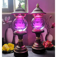 Bộ 2 đèn thờ hoa sen pha lê hình tháp màu xám tự đổi màu, nhiều cỡ - gồm 7 màu/ đơn sắc vàng
