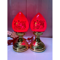 Bộ 2 đèn thờ trái đào cao 21c - Chất liệu chân nhựa cao cấp, trái đào bằng thủy tinh - Decor