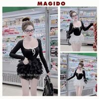 Bộ 2 món áo dài tay phối viền cổ chữ U gắn nơ và chân váy ngắn xoè tầng cạp cao - Set đồ tiểu thư hàn quốc - MAGIDO SV45