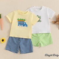 Bộ 2 món Baby Boys Easter Bộ áo thun thêu xe tải thỏ và quần short kẻ sọc đàn hồi