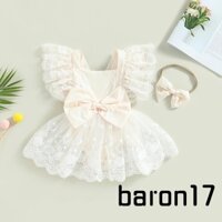 Bộ 2 Món Đầm Liền Thân Cổ Vuông Tay Cánh Tiên Phối Ren Hoa + Băng Đô Xinh Xắn Cho Bé Gái