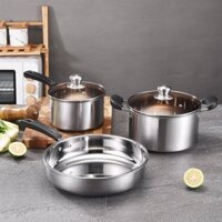Bộ 2 Nồi 1 Chảo Inox 430 Dày Dặn Dùng Mọi Loại Bếp, Bộ Nồi Bếp Từ Kèm Chảo Chống Dính Nấu Đa Năng Tiện Dụng Cho Nhà Bếp