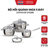 Bộ 2 Nồi 1 Quánh Inox 5 Đáy Sunhouse SHG688 Dùng Được Trên Bếp Từ, Đường Kính Nồi 20-24cm, Quánh 16cm