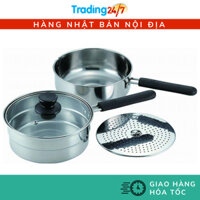 Bộ 2 nồi chảo ăn dặm inox 18cm, nồi quấy bột có khay hấp kèm nắp đậy Kakuse Nhật Bản cho bé