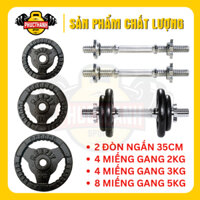 Bộ 2 tạ tay tháo lắp miếng gang tạ bánh gang 3 lỗ 31.5kg (2 đòn 35cm + 8 miếng 5kg + 4 miếng 2kg + 4 miếng 3kg)