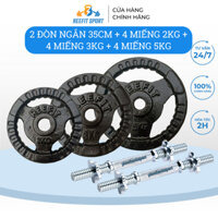 Bộ 2 tạ tháo lắp miếng gang bánh gang 3 lỗ (2 đòn 35cm + 4 miếng 5kg + 4 miếng 3kg + 4 miếng 2kg)[Reefit Sport]