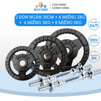 Bộ 2 tạ tháo lắp miếng gang bánh gang 3 lỗ 60kg (2 đòn 35cm + 4 miếng 2kg + 4 miếng 3kg + 8 miếng 5kg) Reefit Sport
