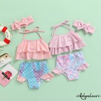 Bộ 3 Bikini Bé Gái Tập Đi, Áo Dây Ruffle Màu Trơn + Đáy Nàng Tiên Cá + Bộ Băng Đô