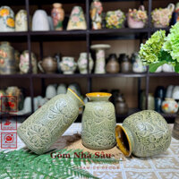 Bộ 3 bình hoa gốm Bát Tràng men lam cổ khắc chìm (mã bán lẻ)