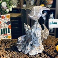 Bộ 3 con cá thần tiên  khắc trên cành gỗ trắng