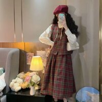 Bộ 3 gile X chân váy X sơ mi nữ style cổ điển phối caro vintage girl,dịu dàng ko lỗi thời,váy dài nữ,áo tay dài,khoác